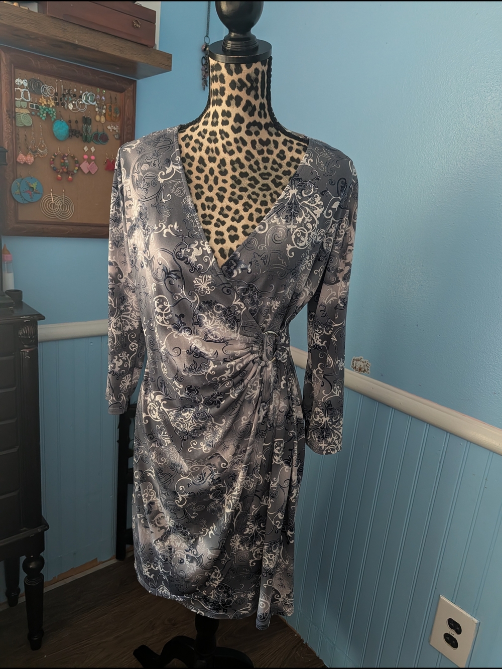 Glamour Silver Gray Paisley Faux Wrap Midi Dress
